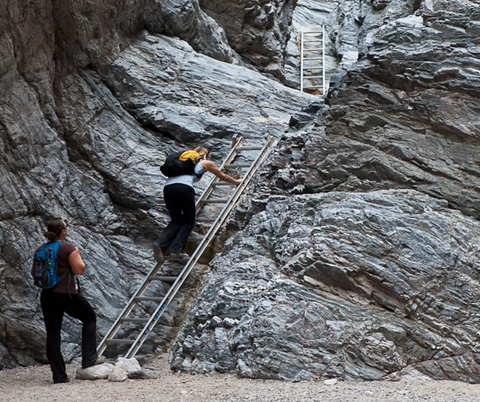 Hikers climb a ladder in a box canyon of the Mecca Hills Wilderness.