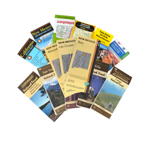 Assorted maps, including Forest Service, Bureau of Land Management, trail, and recreation maps.